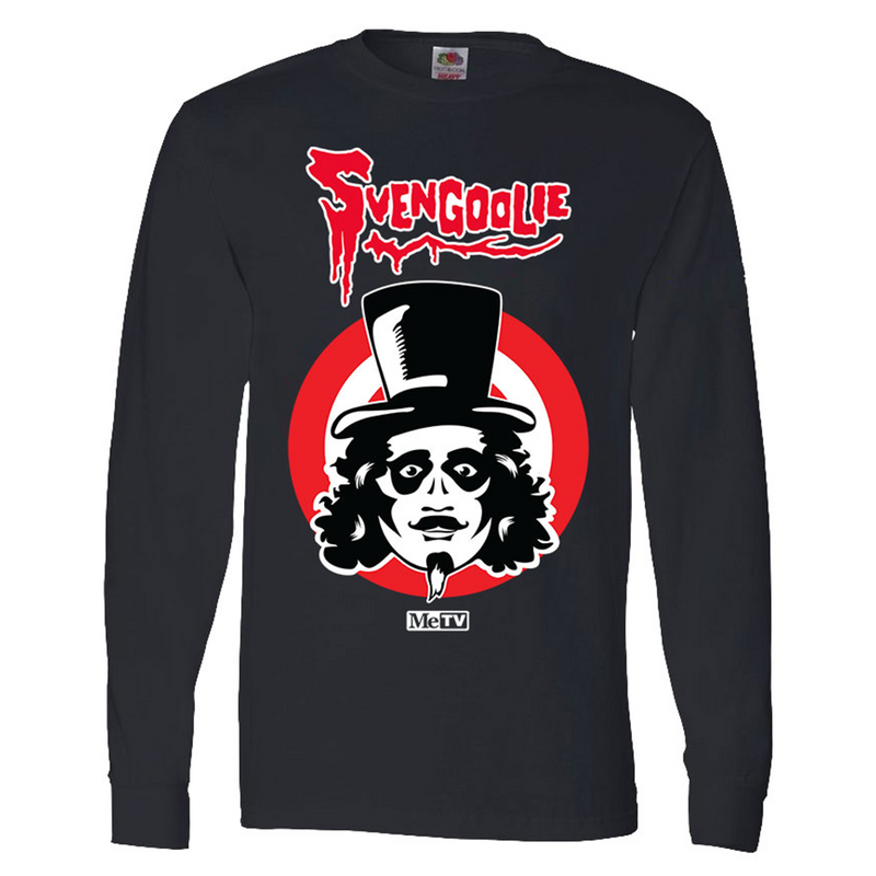 Black long-sleeve shirt with red Svengoolie script logo above face illustration on red and white target rings and white MeTV logo below