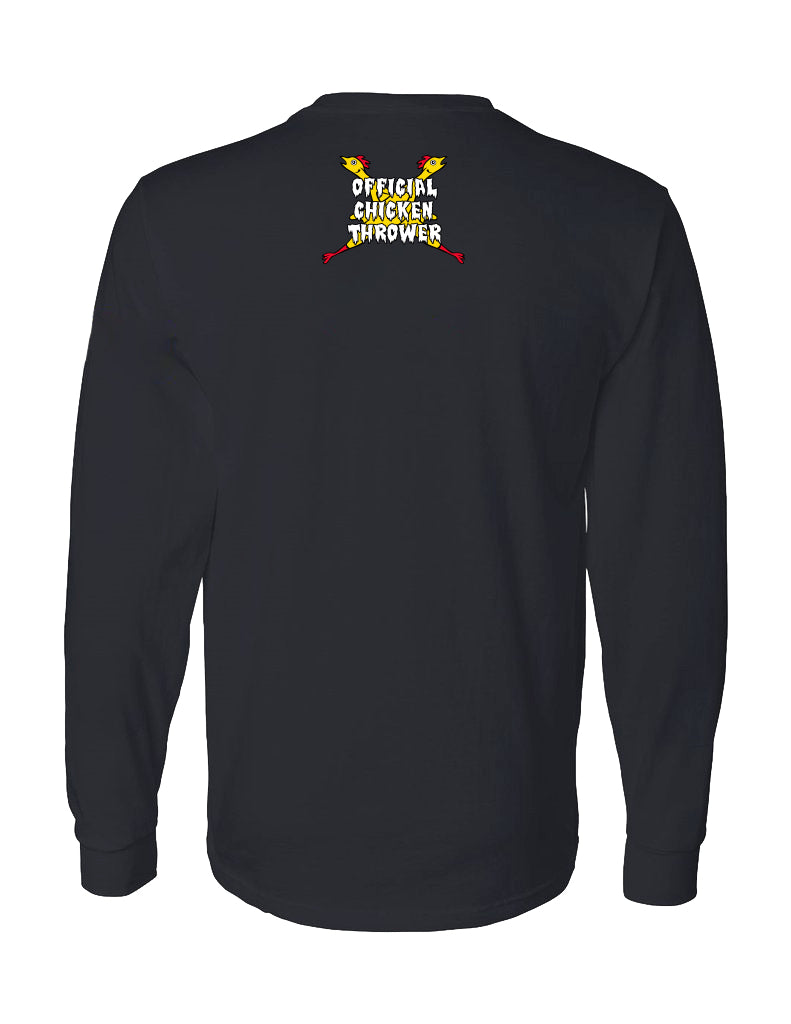 Back view black long-sleeve shirt with a graphic of two crossed yellow chickens and white text reading "OFFICIAL CHICKEN THROWER".