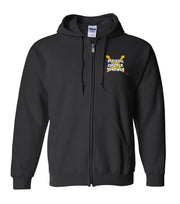 Front view black zip-up hoodie with small chest graphic of two crossed yellow chickens behind white text reading "OFFICIAL CHICKEN THROWER"