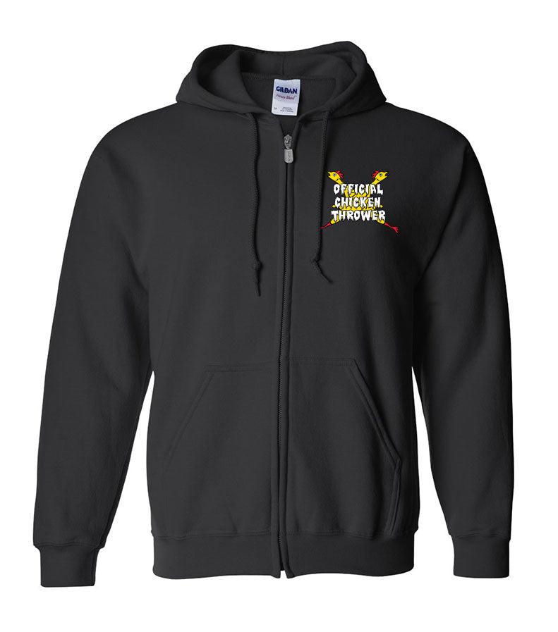 Front view black zip-up hoodie with small chest graphic of two crossed yellow chickens behind white text reading "OFFICIAL CHICKEN THROWER"