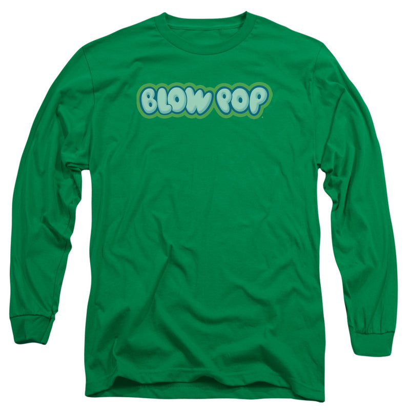 Kelly green long-sleeve t-shirt with 'BLOW POP' logo in light blue bubble letters outlined in dark blue and green across the chest.