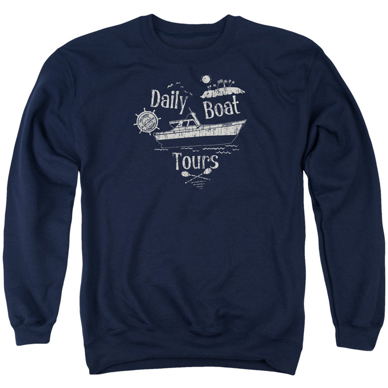 Navy sweatshirt featuring a distressed white SS Minnow boat illustration with the text 'Daily Boat Tours' in white around it.