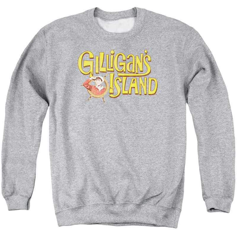 Heather gray crewneck sweatshirt with yellow 'Gilligan's Island' logo and a cartoon sailor in a pink shirt peering through a ship's wheel.