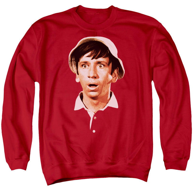 Red crewneck sweatshirt with pink-toned print of a surprised man's face, wearing a bucket hat and collared shirt.