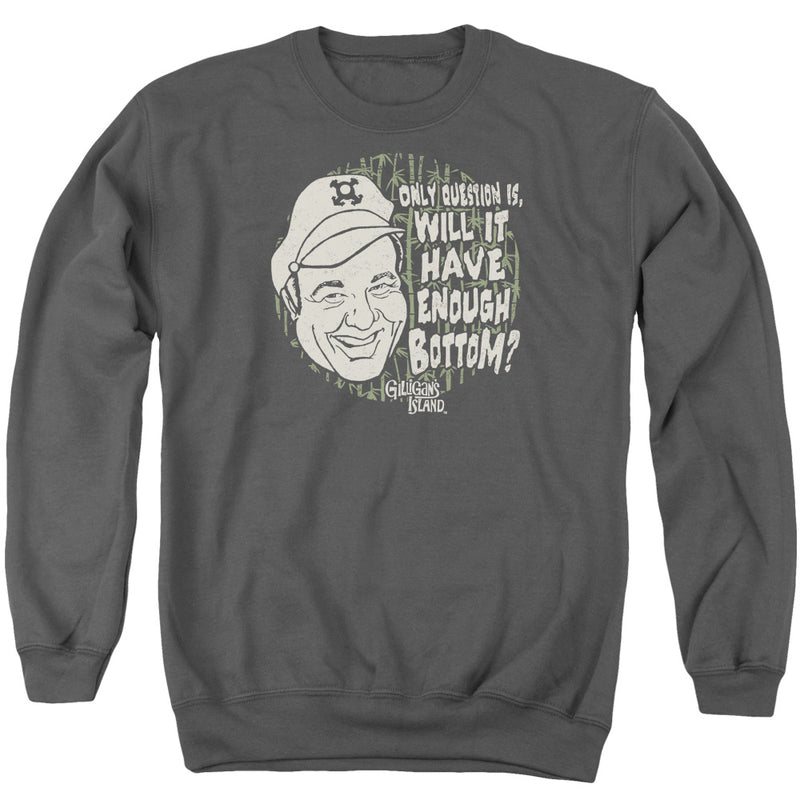 Charcoal sweatshirt featuring a cream line-art face in a captain's cap with the text 'Will It Have Enough Bottom?' in cream beside it