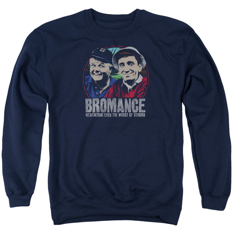 Navy sweatshirt with two smiling men in a red circle above text "BROMANCE" and "WEATHERING EVEN THE WORST OF STORMS".