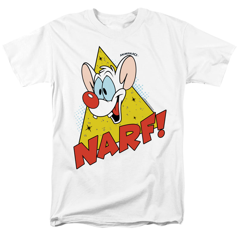 White short-sleeved t-shirt featuring Pinky smiling with a red nose, with the text 'NARF!' in red below his face on a yellow triangle.