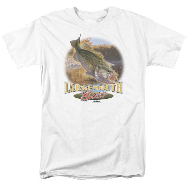 White t-shirt with a leaping largemouth bass over a lake scene, above the text 'Largemouth Bass' in yellow and red lettering.