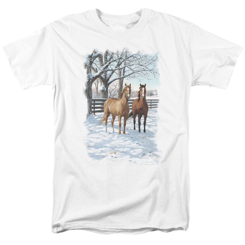 White t-shirt with a winter painting of two horses, a palomino and a bay, standing in snow beside a wooden fence and bare trees.