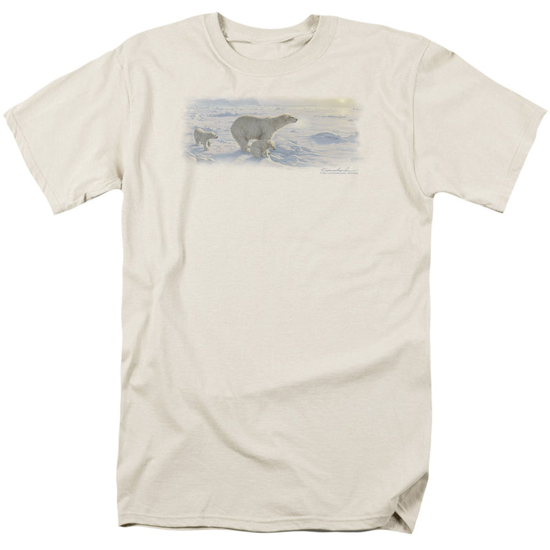 Cream short-sleeve t-shirt with a printed scene of a polar bear and two cubs walking across snowy ice floes