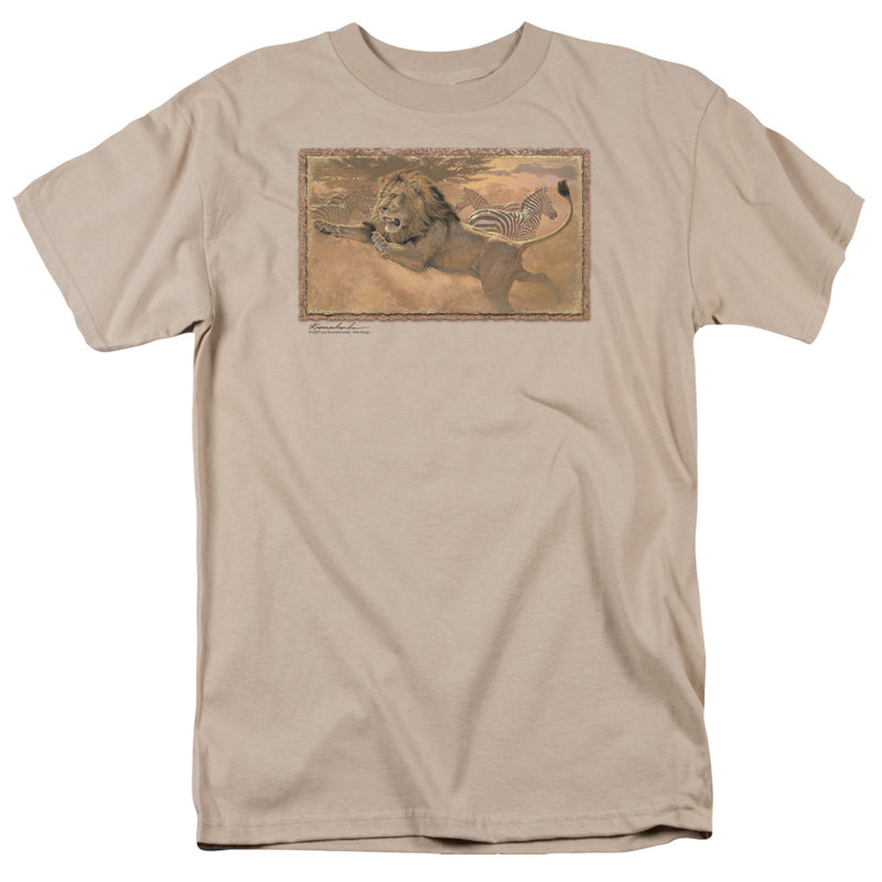Sand short-sleeved t-shirt featuring a painting of a lion leaping after a zebra in a savanna with a wood-textured border.