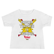 White baby t-shirt with yellow cartoon chickens crossed over the text "CHICKEN THROWER IN TRAINING" and a red "Svengoolie" logo.