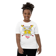 White youth t-shirt with yellow cartoon chickens crossed over the text "CHICKEN THROWER IN TRAINING" and a red "Svengoolie" logo.
