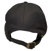 Back view of black adjustable dad hat with curved brim, six panels, and brass-tone buckle strap closure.