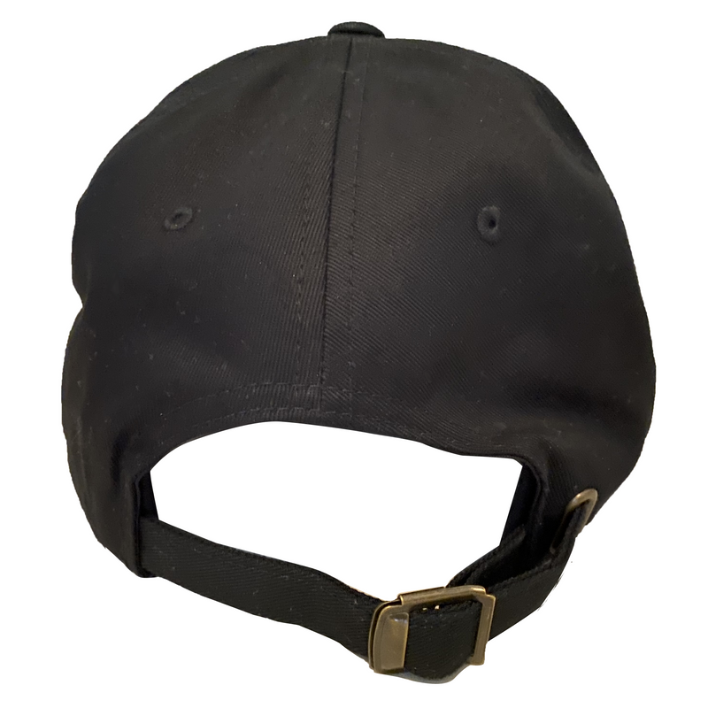 Back view of black adjustable dad hat with curved brim, six panels, and brass-tone buckle strap closure.