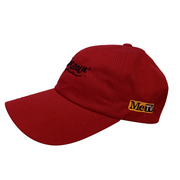 Side view of red baseball cap with red embroidered Svengoolie logo on front and MeTV Logo on side