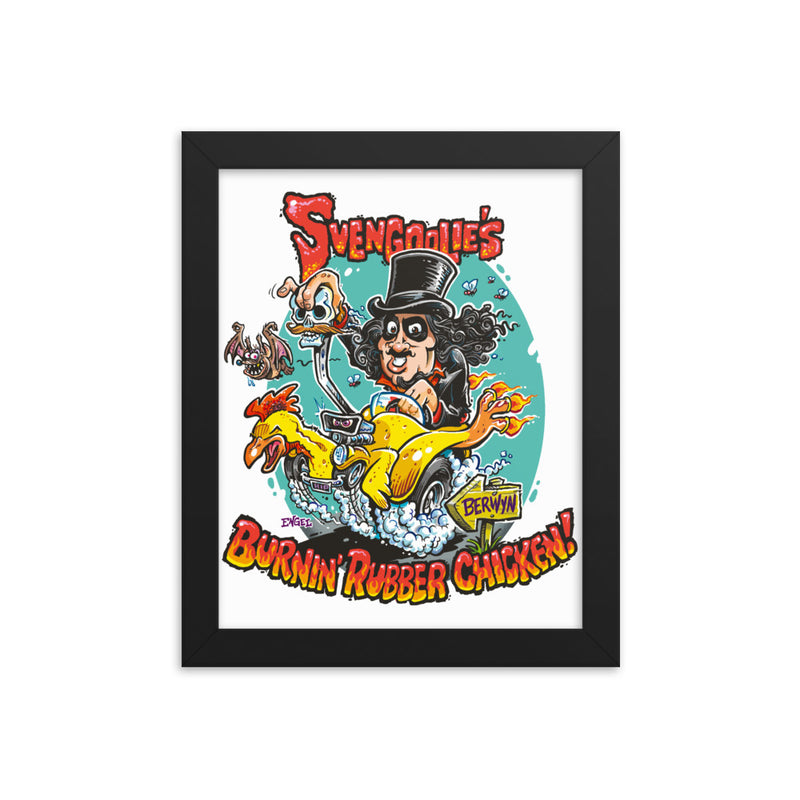 Framed cartoon art print of Svengoolie in top hat and cape riding a yellow rubber chicken car; text reads "SVENGOOLIE'S BURNIN' RUBBER CHICKEN!" on teal background.
