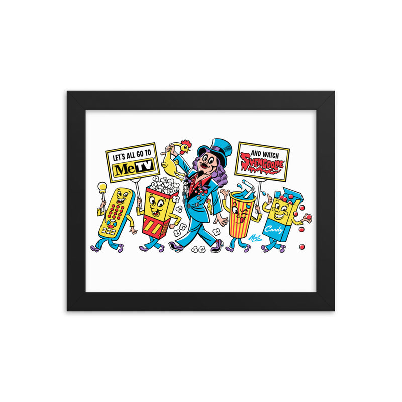 Framed art print of cartoon snacks and television remote marching with Svengoolie, holding signs that read "Let's all go to MeTV" & "and watch Svengoolie".