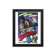 Black-framed art print of Svengoolie, in top hat and with raised hands, red "SVENGOOLIE" title, purple background, styled like a vintage horror film poster.