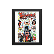 Black framed art print reading 'Welcome to the Sveniverse!' with Svengoolie, Kerwyn, Sventoonie, and other cartoon caricatures on a colorful bubble background; with Scott Shaw watermark included.