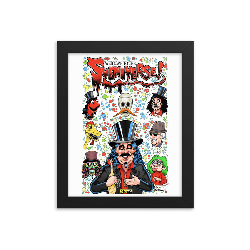 Black framed art print reading 'Welcome to the Sveniverse!' with Svengoolie, Kerwyn, Sventoonie, and other cartoon caricatures on a colorful bubble background; with Scott Shaw watermark included.