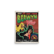 Poster titled "It Came From Berwyn Starring Svengoolie" showing a yellow chicken monster shooting eye lasers at Svengoolie holding a shield