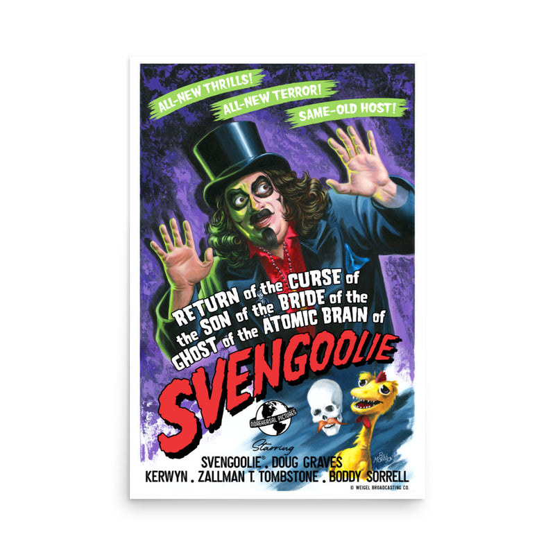 Poster of Svengoolie, in top hat and with raised hands, red "SVENGOOLIE" title, purple background, styled like a vintage horror film poster.