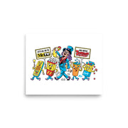 Cartoon art print of cartoon snacks and television remote marching with Svengoolie, holding signs that read "Let's all go to MeTV" & "and watch Svengoolie".