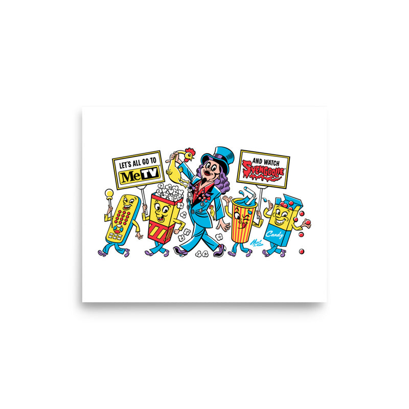 Cartoon art print of cartoon snacks and television remote marching with Svengoolie, holding signs that read "Let's all go to MeTV" & "and watch Svengoolie".