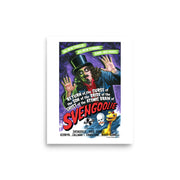 Art print of Svengoolie, in top hat and with raised hands, red "SVENGOOLIE" title, purple background, styled like a vintage horror film poster.