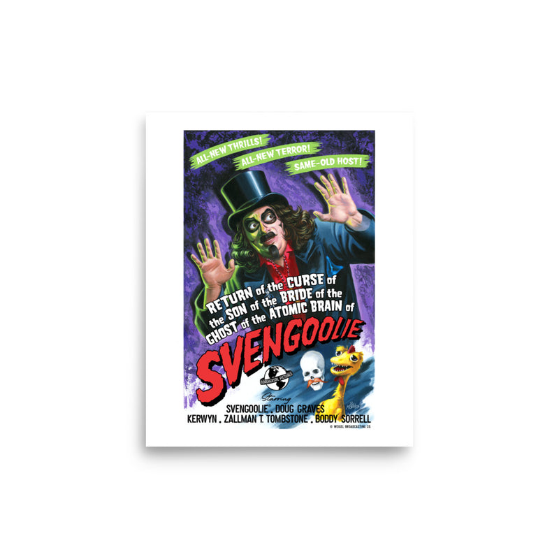 Art print of Svengoolie, in top hat and with raised hands, red "SVENGOOLIE" title, purple background, styled like a vintage horror film poster.