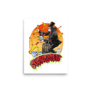 Cartoon art print of Svengoolie in top hat and black suit, at the top of a skyscraper, holding a skull, surrounded by rubber chickens, with 'SVENGOOLIE' in red letters over an orange sunset city.