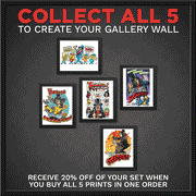 Five framed Svengoolie art prints in a gallery wall layout. Text reads "COLLECT ALL 5" and offers 20% off when all 5 are bought in one order.