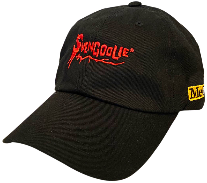 Angled view of Black baseball cap with red embroidered Svengoolie logo on front and MeTV Logo on side