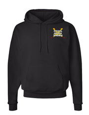 Front view black pull-over hoodie with small chest graphic of two crossed yellow chickens behind white text reading "OFFICIAL CHICKEN THROWER"