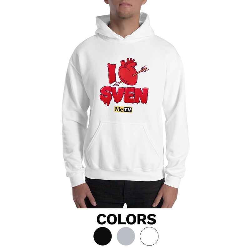 White pullover hoodie with red graphic reading "I" then a red anatomical heart pierced by an arrow, then "SVEN" in red drip letters, and "MeTV" logo below.