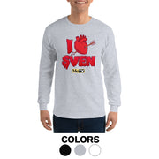 Heather gray long-sleeve shirt with red dripping graphic reading "I" followed by a red anatomical heart pierced by an arrow, then "SVEN" and a MeTV logo.