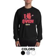 Black crewneck sweatshirt with red graphic: 'I', a heart pierced by an arrow, dripping 'SVEN', and yellow 'MeTV' logo.