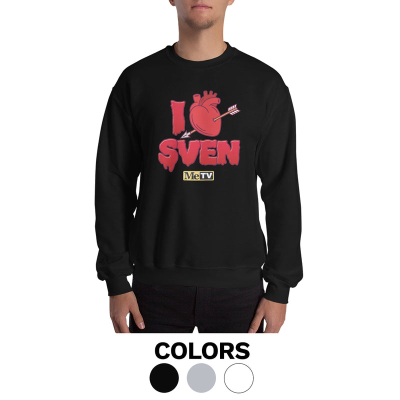 Black crewneck sweatshirt with red graphic: 'I', a heart pierced by an arrow, dripping 'SVEN', and yellow 'MeTV' logo.