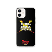 Black iPhone case with yellow cartoon chickens crossed in an X behind white text reading "OFFICIAL CHICKEN THROWER" "Svengoolie" and MeTV logos.