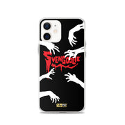 Clear iPhone case with black background, white zombie hands reaching in, and red dripping 'SVENGOOLIE' logo with MeTV badge at bottom.