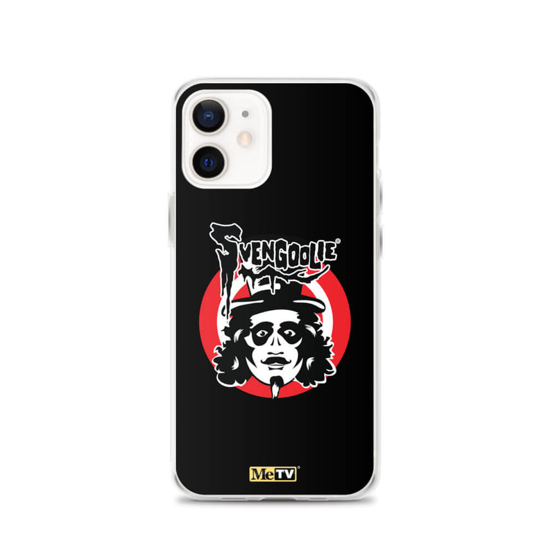 Black iPhone case featuring Svengoolie target logo in center and "MeTV" logo at bottom.