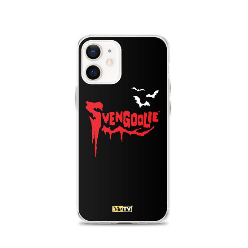Black iPhone case with red dripping "Svengoolie" logo and three white bats, plus a small yellow MeTV logo at the bottom.