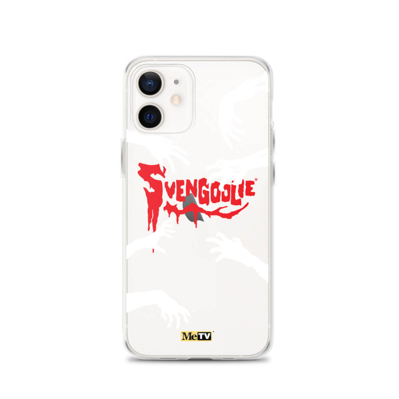 White iPhone case with black background, white zombie hands reaching in, and red dripping 'SVENGOOLIE' logo with MeTV badge at bottom.