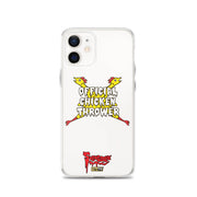 White iPhone case with yellow cartoon chickens crossed in an X behind white text reading "OFFICIAL CHICKEN THROWER" "Svengoolie" and MeTV logos.