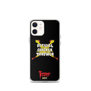 Black iPhone case with yellow cartoon chickens crossed in an X behind white text reading "OFFICIAL CHICKEN THROWER" "Svengoolie" and MeTV logos.
