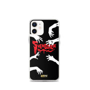 Clear iPhone case with black background, white zombie hands reaching in, and red dripping 'SVENGOOLIE' logo with MeTV badge at bottom.