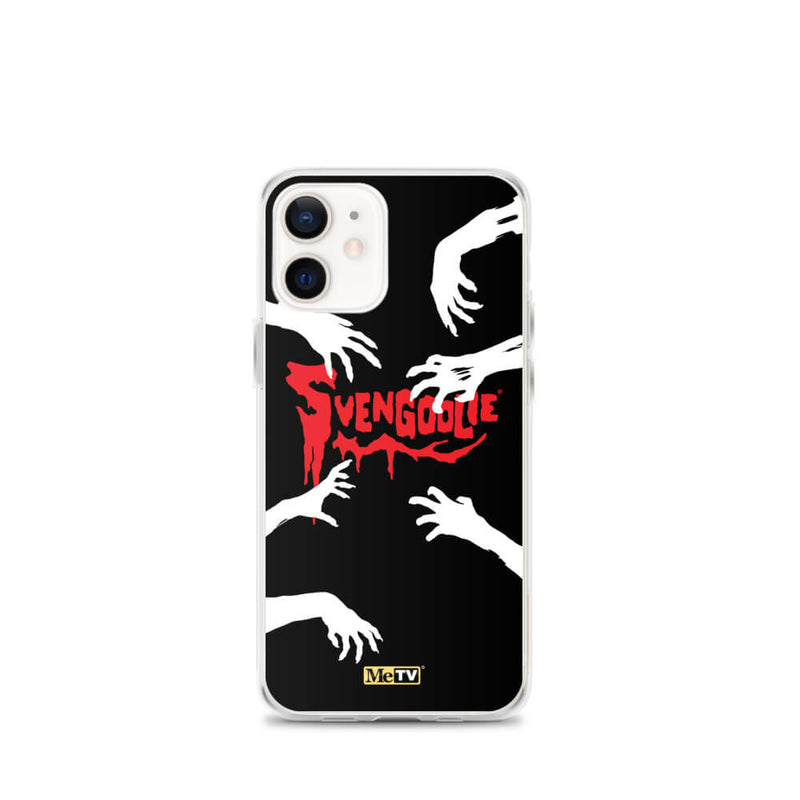 Clear iPhone case with black background, white zombie hands reaching in, and red dripping 'SVENGOOLIE' logo with MeTV badge at bottom.