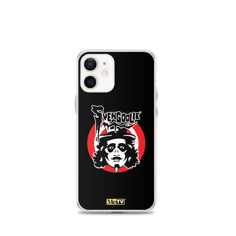 Black iPhone case featuring Svengoolie target logo in center and "MeTV" logo at bottom.