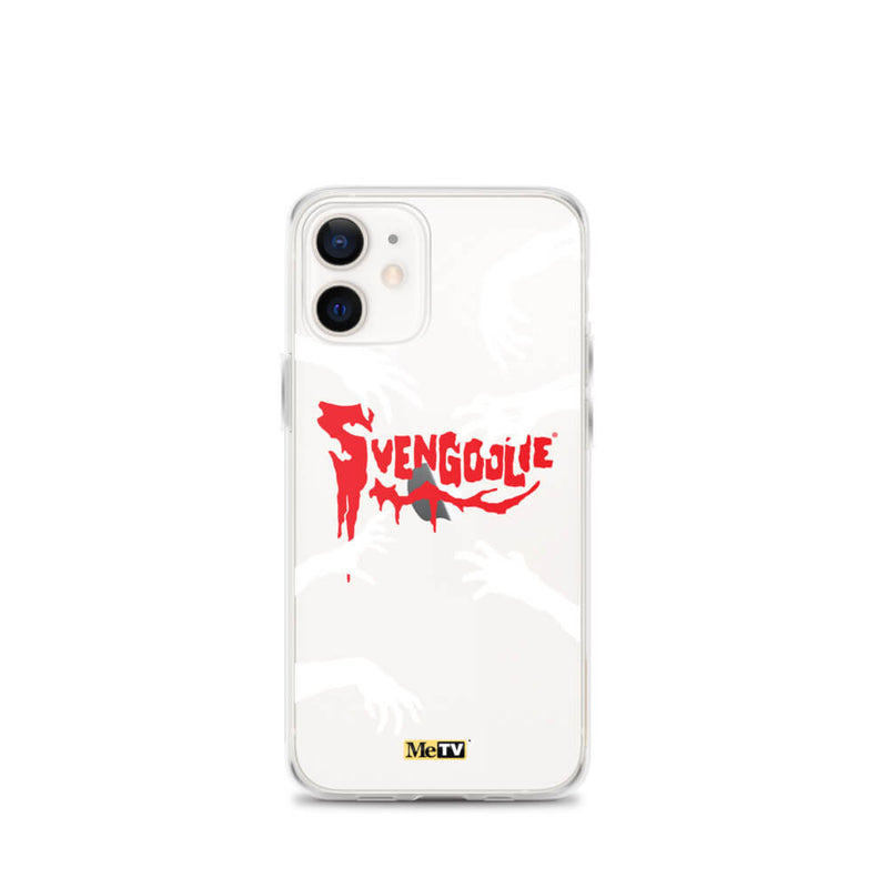 White iPhone case with black background, white zombie hands reaching in, and red dripping 'SVENGOOLIE' logo with MeTV badge at bottom.